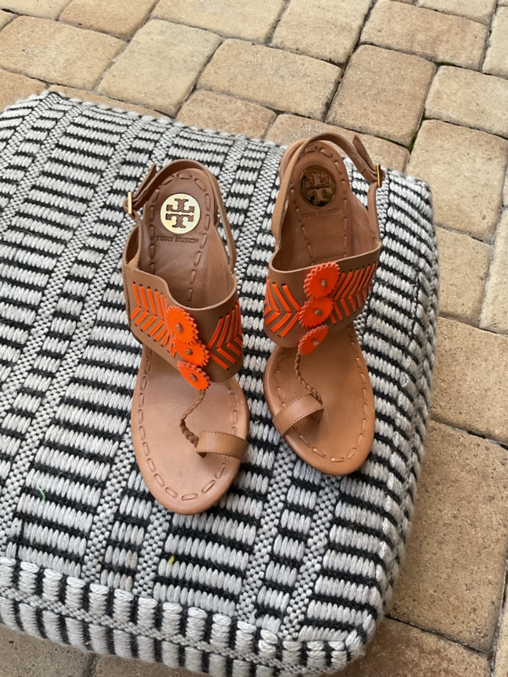 Tory Burch Tan Leather Sandals with Orange Floral Accents